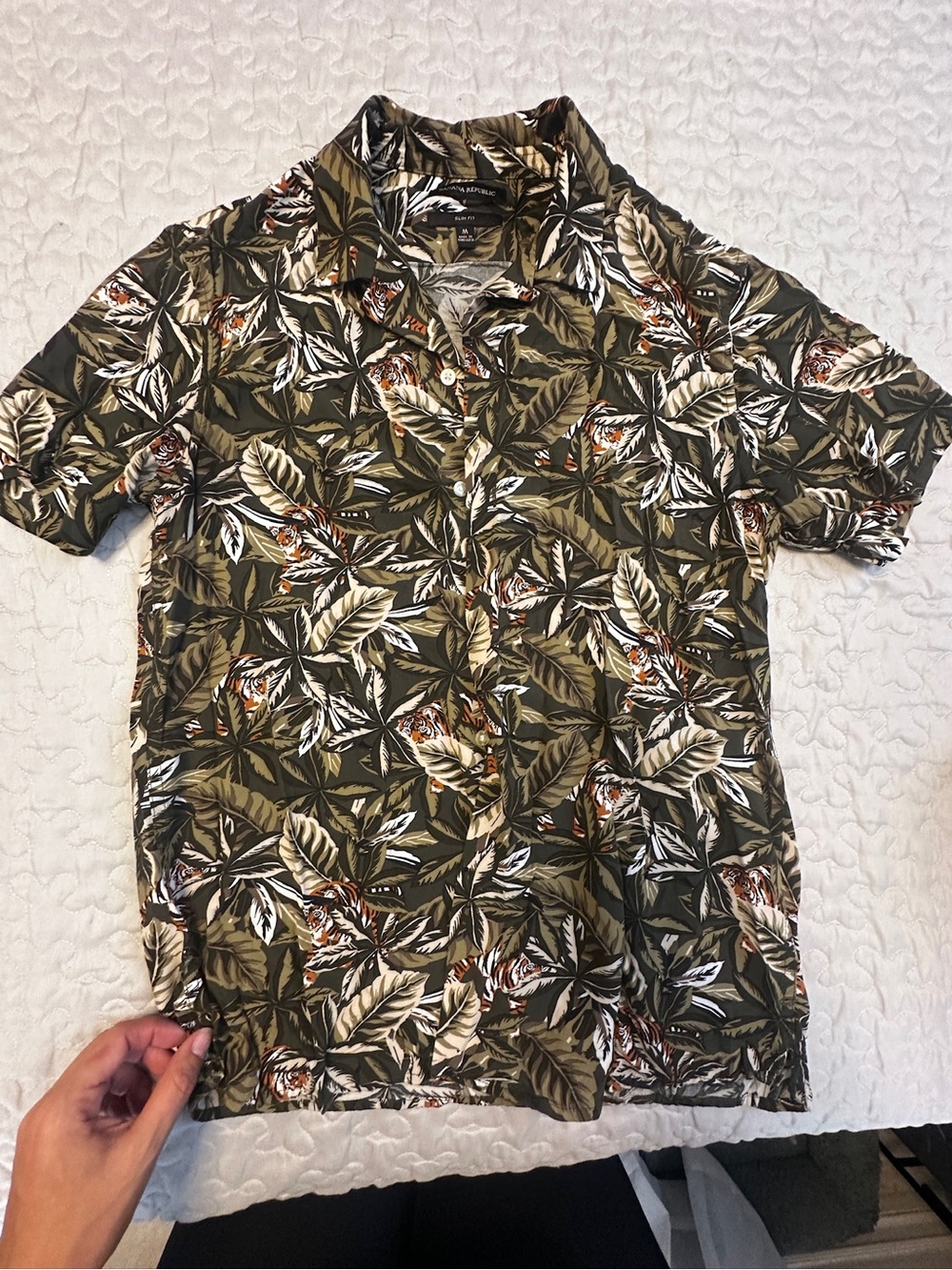 Men's Olive Green Tropical with Tigers Print Short Sleeve Shirt